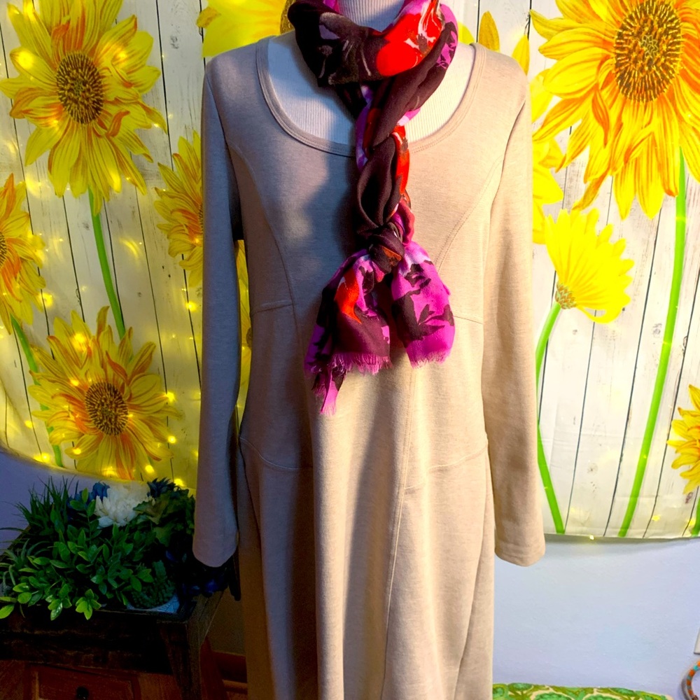 Elegant Beige Dress with Scarf